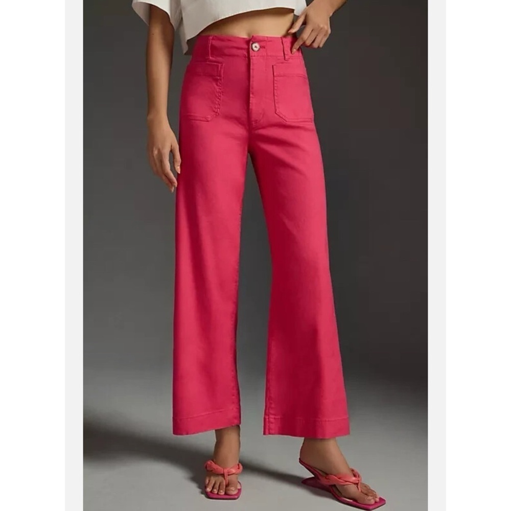 Anthropologie The Colette Linen Crop Wide Leg Pants Hot Pink 29